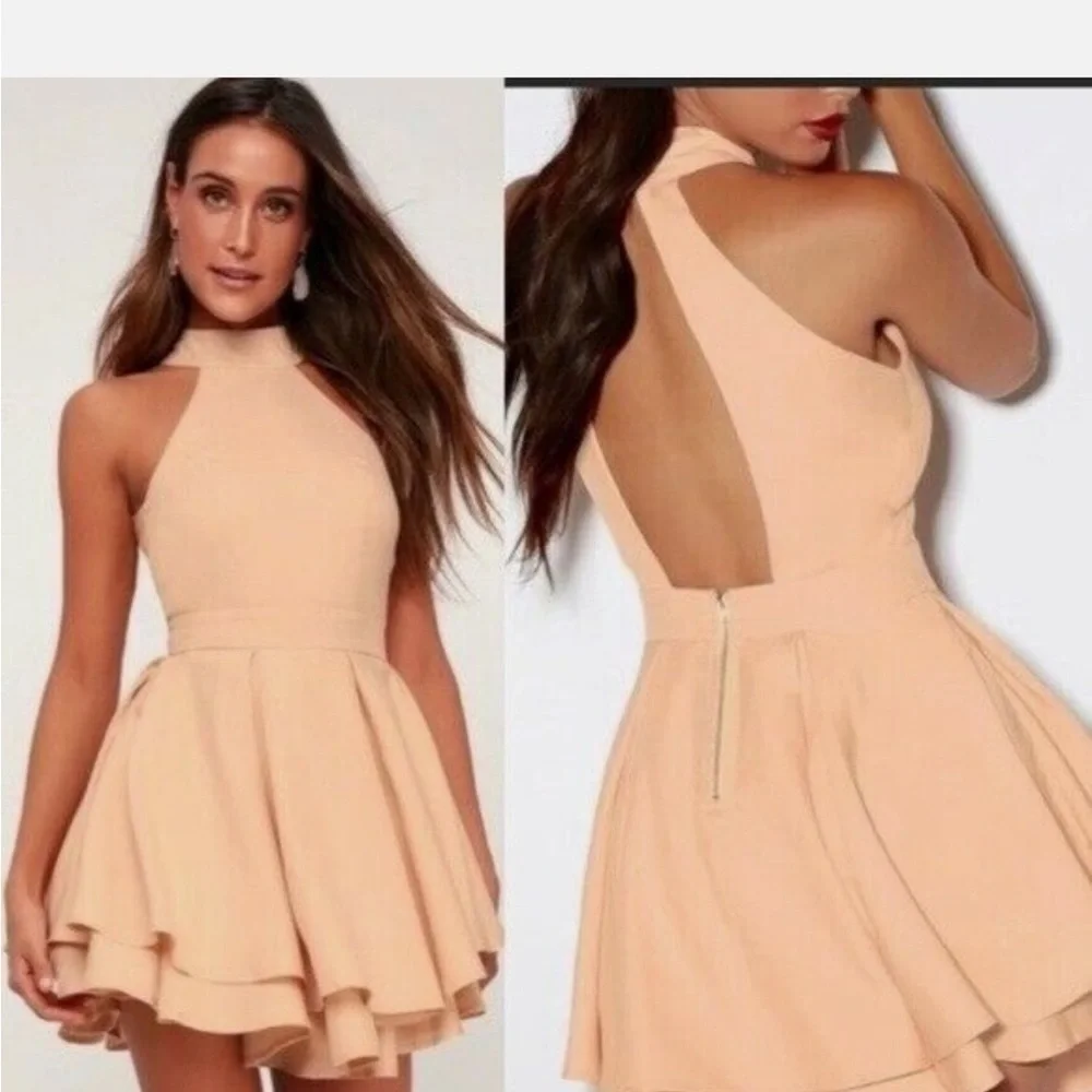 Lulus Dress Womens Medium Peach Back Zip Lined Stretchy Halter Skater - Picture 2 of 10